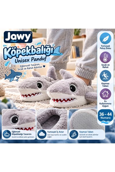 Reviro Store Jawy Köpekbalığı Figürlü Erkek Panduf, Gri,