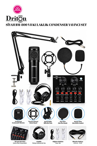 DRİTON Bm-800 + V8 Ses Karti Siyah Podcast Tiktok Youtube Yayinci Condenser Mikrofon Ve Ses Kart KULAKLIK Set