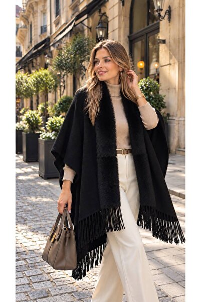 FELLMENS Poncho de damă negru, premium, din cașmir și blană artificială de pluș