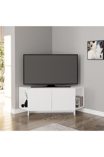 Bimossa B1520 Ola Köşe TV Ünitesi Beyaz, Kapaklı ve Raflı TV Sehpası 113 cm