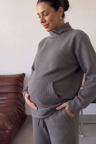 Miss Dünya Lissa Lunara Embroidered Collar Quilted Fabric Pocketed Drawstring Waist Maternity and Postpartum Sweatshirt Set