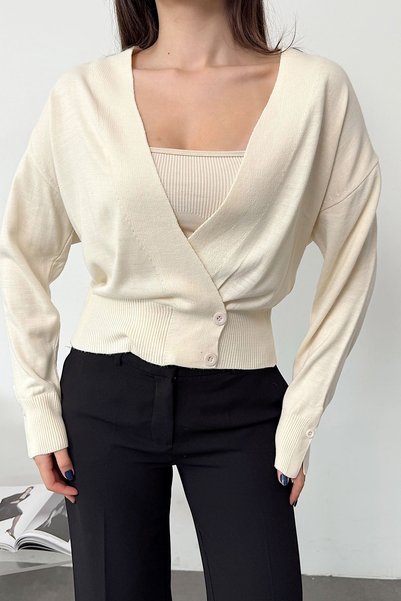 JEE LEE Women's Double-Breasted Collar Detailed Cardigan Tan - 27K 2655