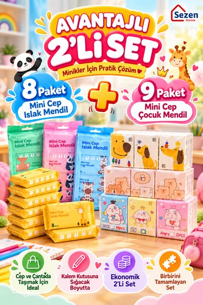 SEZEN HOME 17 Paket Karakter Desenli Mini Cep Boy Islak Mendil ve Kağıt Mendi...