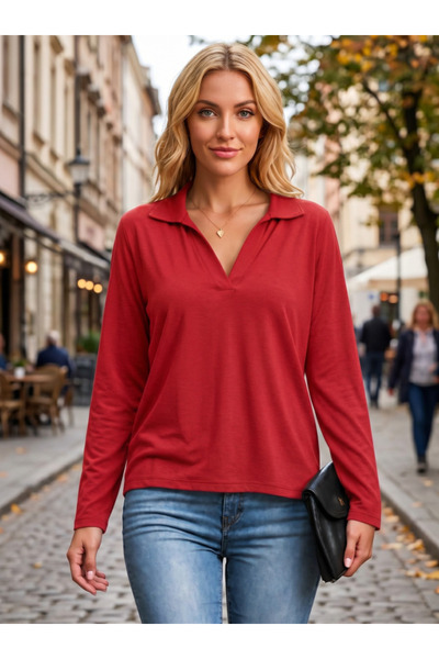 modaserdem Women's asymmetric patterned v-neck soft blouse