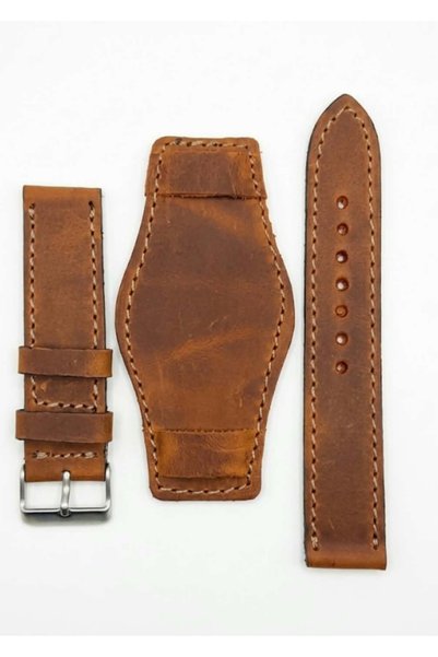 PRM 22 mm crayz Hakiki Deri Taba Renk Vintage Bund Tip Saat Kayışı - El İşçiliği