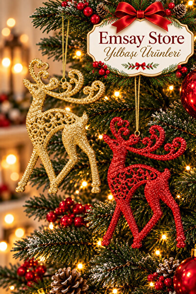 Emsay Store Set of 2 Large Glittery Deer Christmas Tree Ornaments – Red & Gol...