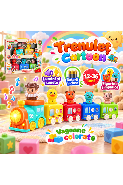 GLOBO Trenulet colorat cu locomotiva, vagoane cu lacate si figurine simpatice...