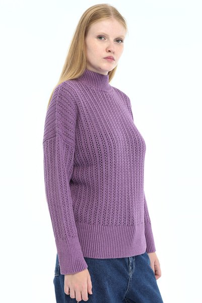 Trist Star Lilac Women's 100% Cotton Openwork Ribbed Knit Turtleneck Sweater Trist-6173