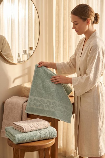 Miss Paris Home 4-Piece Leaf Jacquard Bath Set |   2 Pieces of 70X140 cm Bath Towels, 2 Pieces of 50X90 Hand, Face, and Hair Towels |   100% Cotton