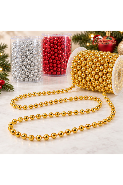 Craciunescu By DBR Lant pentru Brad 3 m, Margele Aurii 10 mm, Decor Festiv -