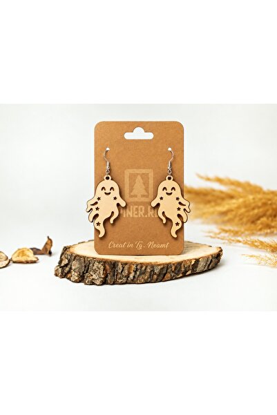 Piner Cercei handmade din lemn, model Fantome, Halloween, nuante naturale