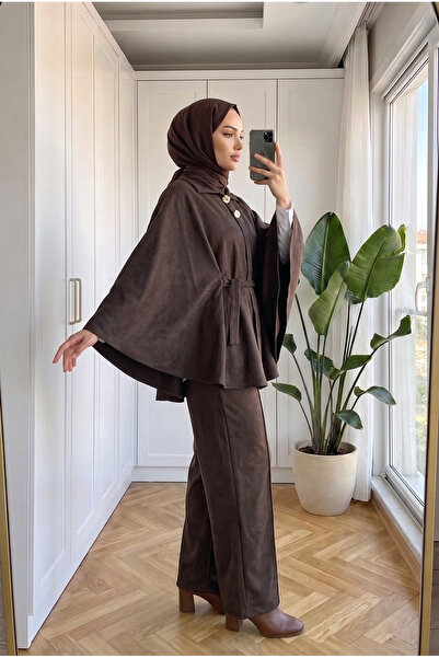 Kirazca Butik Women's Suede Look Belted Bat Sleeve Poncho Pants Two-Piece Set...