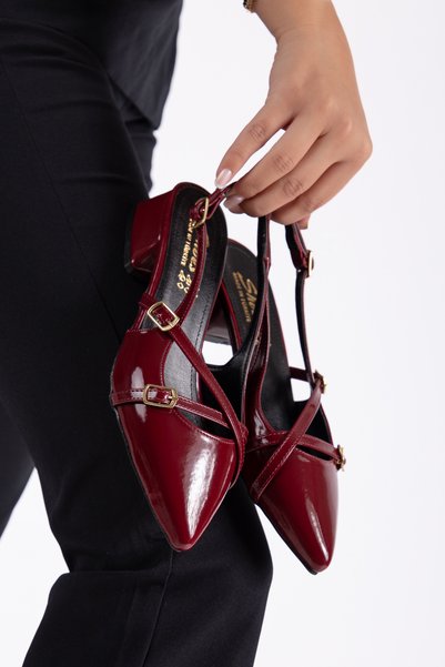 Kadın Bordo Rugan Alçak Topuklu Stiletto Ayakkabı Düğün Ofis Ve Günlük Kullanım İçin Uygundur