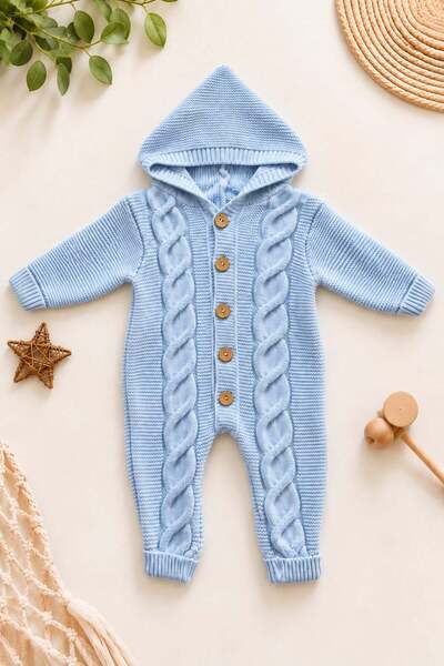 dinamik çocuk Baby Girl and Boy Hooded Hair Braid Patterned Buttoned Knitwear...