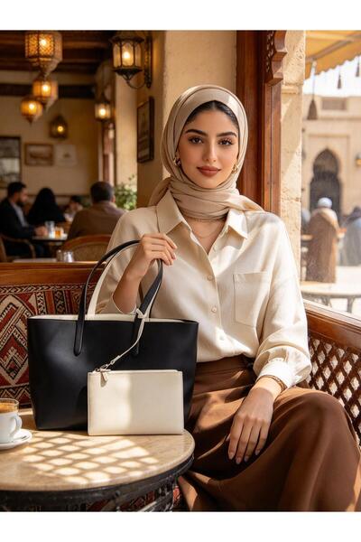 Lacor مجموعة حقائب يد سوداء مع تباين أبيض فاتح، حقيبة لا-كو-تست ذات وجهين مع ...