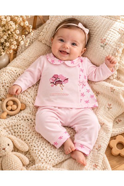 OMECA Concept Kız Bebek Pembe 2'li Takım – Bebe Yaka, Çiçek Kanaviçe İşlemeli