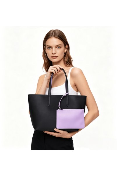 Lacot Black Large Tote With Light Purple Pouch, La-cos-test Double Sided Meta...