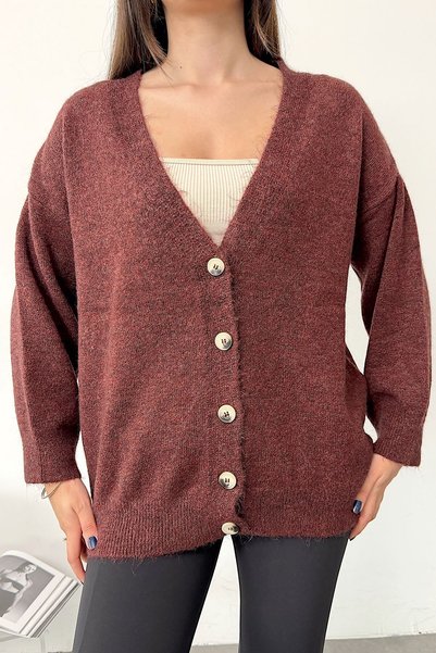 JEE LEE Women's V-Neck Buttoned Knitwear Cardigan Claret Red - 27K 2664