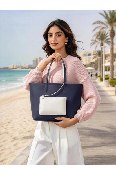 Lacot Navy White Contrast Tote Set, La-cos-test Double Sided Metal Crocodile ...