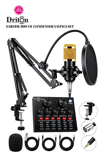 DRİTON BM-800 + V8 SES KARTI SARI PODCAST TİKTOK YOUTUBE YAYINCI CONDENSER Mİ...