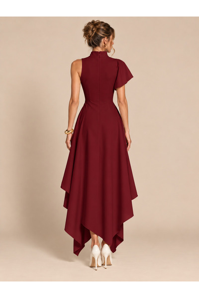 2TRENDY Women's Burgundy Midi Asymmetrical Dress with High Neck and Draped Shoulder Detail