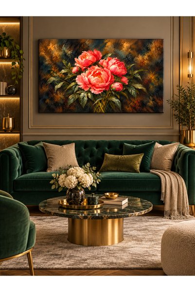 TRADE AYS Saray Çiçekleri Pembe Şakayık Çiçekli Yatay Kanvas Tablo, Yağlı Boya Görünümlü Dekoratif Salon Duvar Tablo