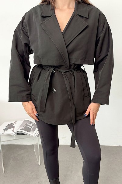 JEE LEE Women's Double-Breasted Collar Belted Trench Coat Black - 7586