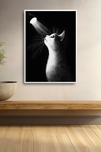 HOMEPACK Black and White Cat Framed Painting Looking at Spotlight Cat Poster ...