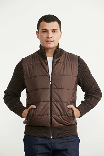 Sementa Quilted Combination Pocketed Knitwear Coat - Brown