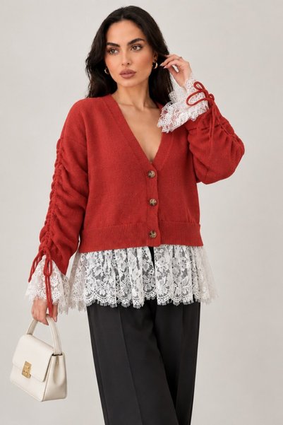 msm fashion Women's Knitwear Cardigan Buttoned Long Sleeve V-Neck Hem and Sle...