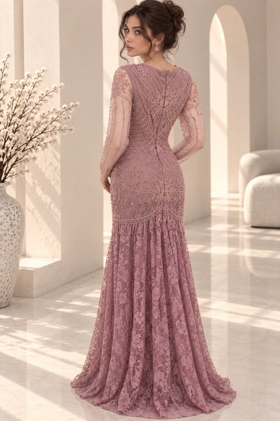 SELSAL Embroidered Mermaid Lace Evening Dress - Dusty Rose