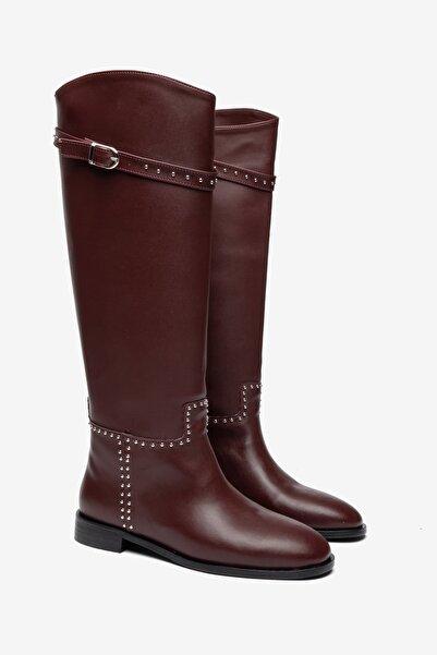 diclepolat Women's Burgundy Troc Belted Riding Boots Flat Sole Below the Knee