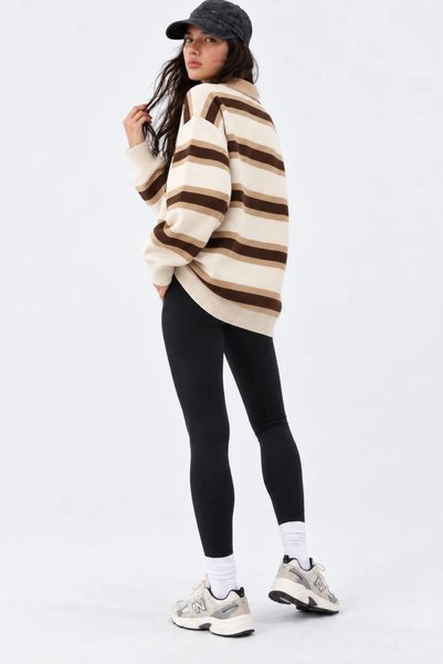 Asfaha Fashion Women's Striped Polo Collar Oversize Knitwear Sweater
