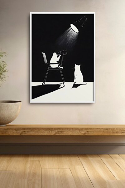 HOMEPACK Black and White Cats under Spotlight Framed Painting Cat Poster Mode...