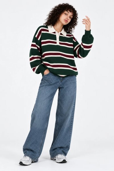 Asfaha Fashion Women's Striped Polo Collar Oversize Knitwear Sweater