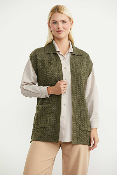Sementa Turn-Down Collar Knitted Vest with Pockets - Khaki