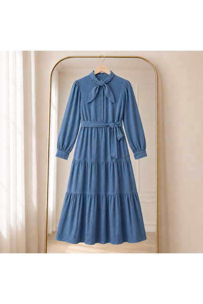Hepsi Moda Scarf Collar Half Button Dress - 2622 - Indigo