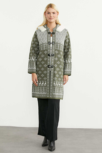 Sementa Ethnic Patterned Faux Fur Detailed Long Knitwear Cardigan - Green
