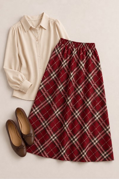 Hepsi Moda Plaid Pattern Scuba Skirt - Cherry