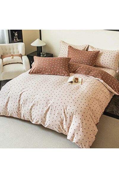decorami Lenjerie pat dublu, FINET, 6 piese, cu ELASTIC, Jojo Home, Bej, Maro...