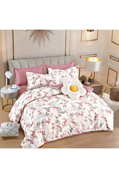 decorami Lenjerie pat dublu, FINET, 6 piese, cu ELASTIC, Jojo Home, Crem, Roz...