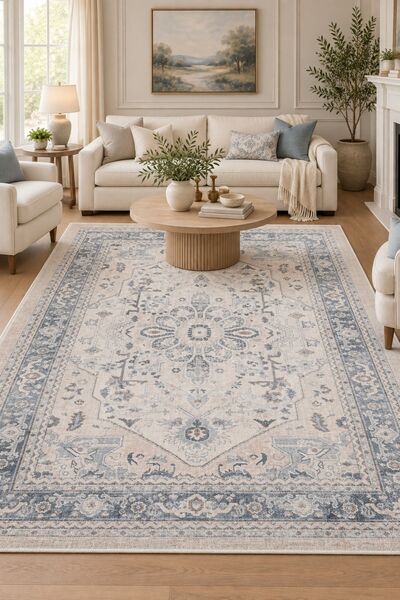 Oriente Home Arvena Serisi Retro Mavi Şönil Makine Halısı Kaymaz Taban Salon ...