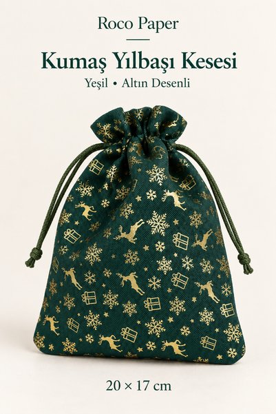 roco paper Yılbaşı Desenli Saten Kumaş Yeşil Hediye Kesesi, 6 Adet-20x17 cm, ...