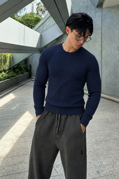 comstar Men's Crew Neck Long Sleeve Navy Blue Sweater