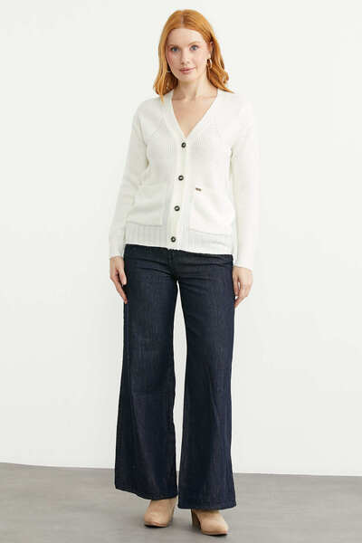 Sementa V-Neck Knitwear Cardigan with Pockets - Bone
