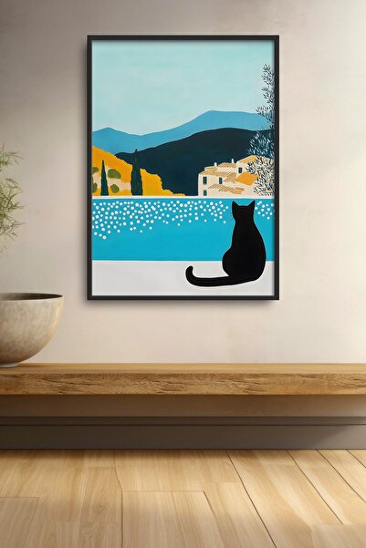 HOMEPACK Pisică neagră la malul mării, lângă piscină, tablou înrămat, poster ...