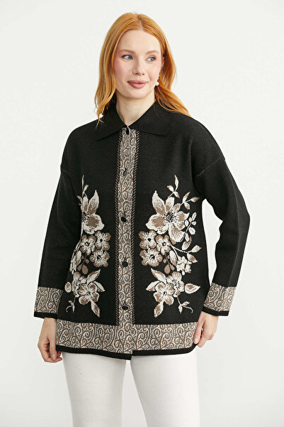 Sementa Motifed Thick Wool Knitwear Jacket - Black