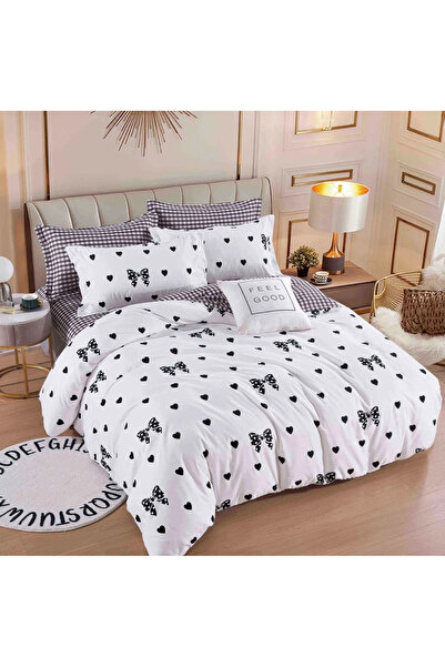 decorami Lenjerie pat dublu, FINET, 6 piese, cu ELASTIC, Jojo Home, Alb-Negru...