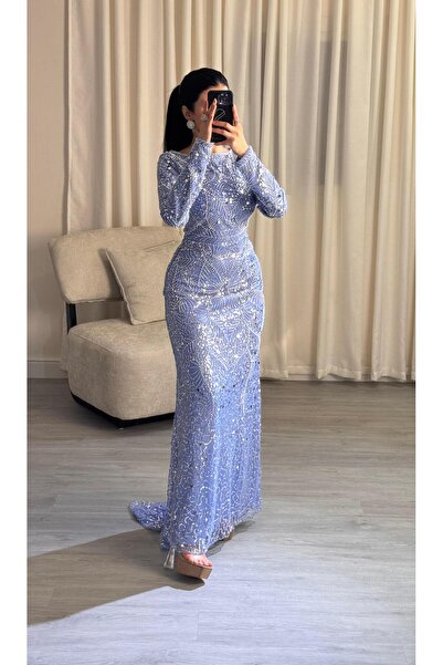 SELSAL Embroidered Ruched Dress with Sleeves – Sky Blue