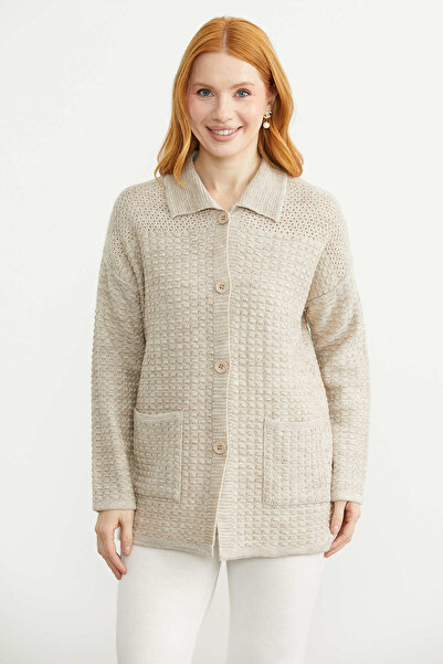 Sementa Knitted Motif Polo Collar Pocketed Knitwear Jacket - Light Beige